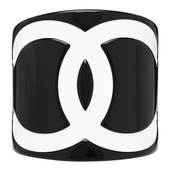 Authentic CHANEL CC Logo 01P Vintage Bracelet Cuff Bangle Black White Wide - Picture 1 of 11